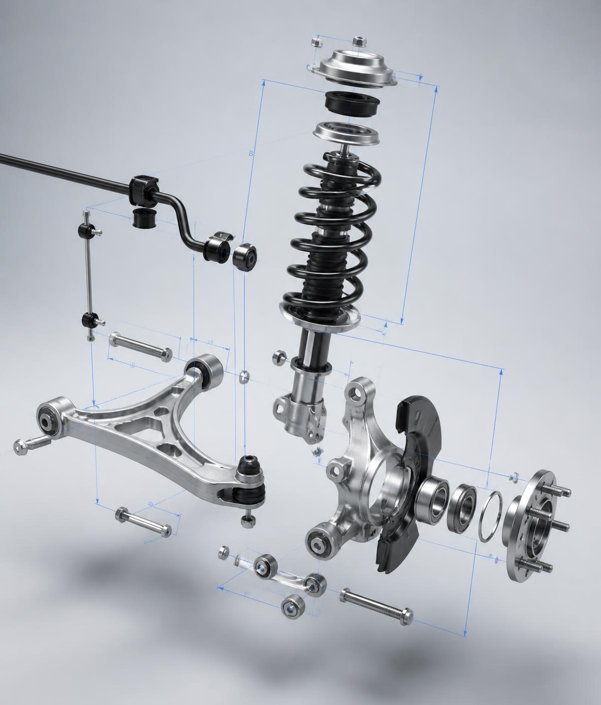 Exploded view of an automotive suspension assembly with dimension lines